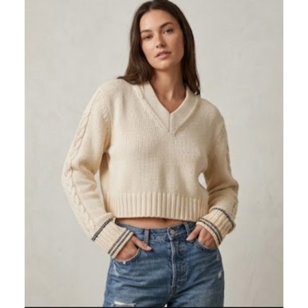 Alysi Creme Ribbed V Neck Sweater Cable Knit Long Sleeve Cotton Merino Wool M